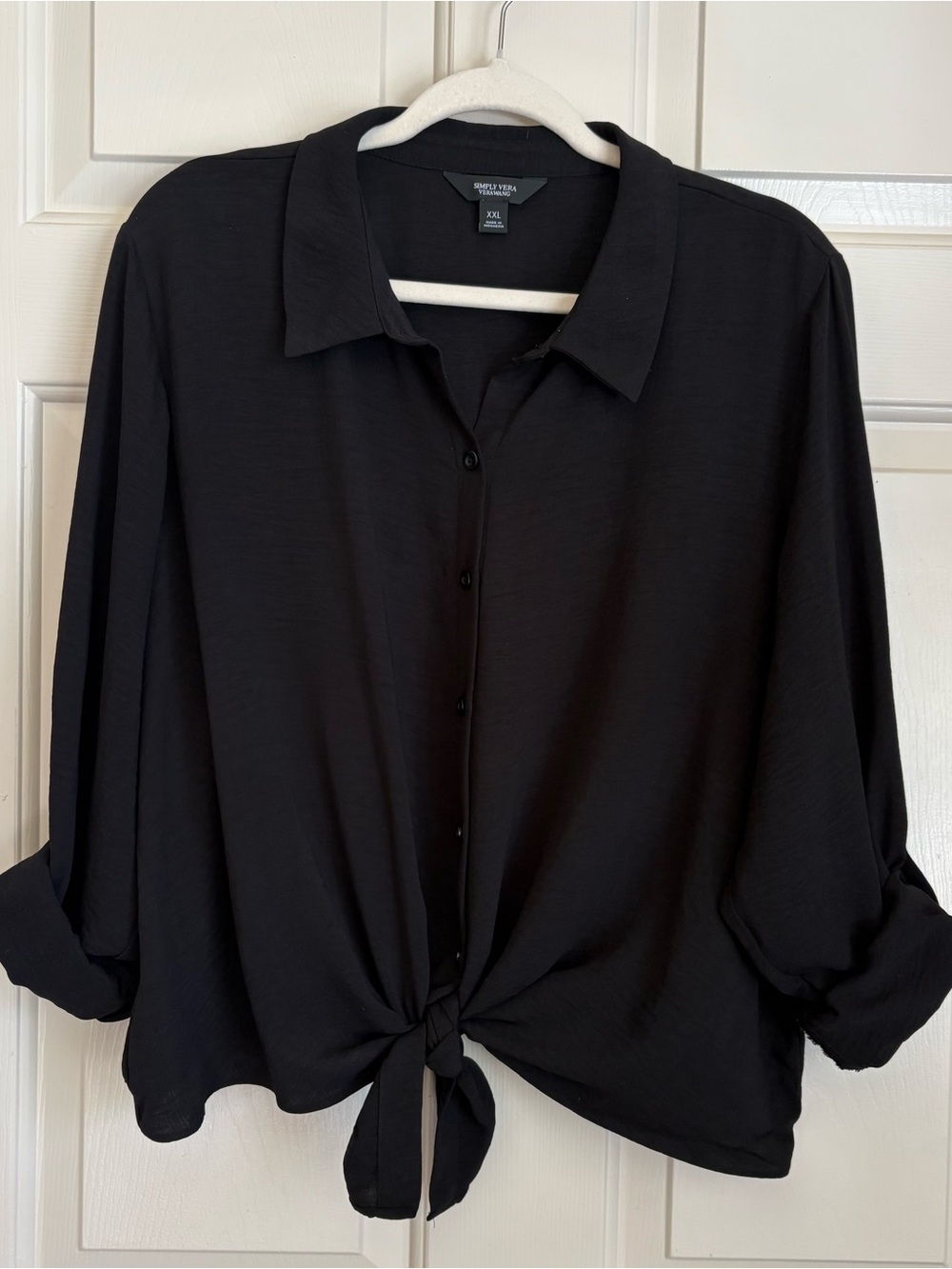 Black Roll Tab Sleeve Tie Front Button Up Blouse Minimalist Capsule Old Money
